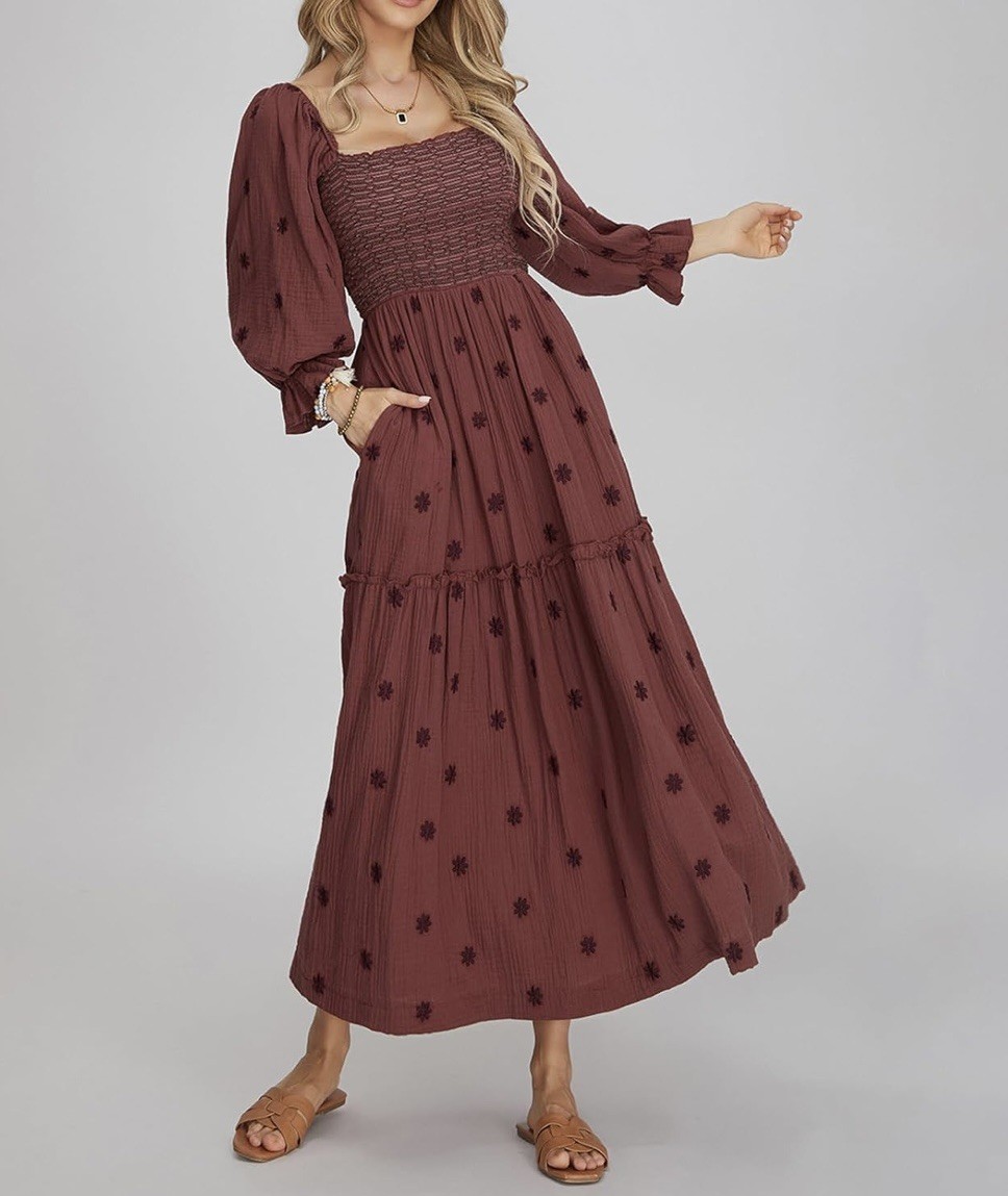 Bohemian Women’s Floral Embroidered Smocked Tiered Maxi Dress Brown Sz S
