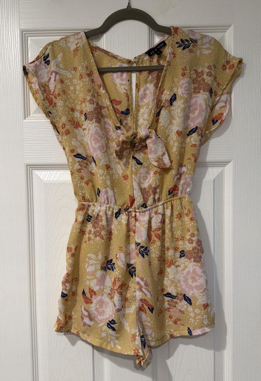• As U Wish Women’s Size XS Short Sleeve Floral Print Yellow Multicolor Romper