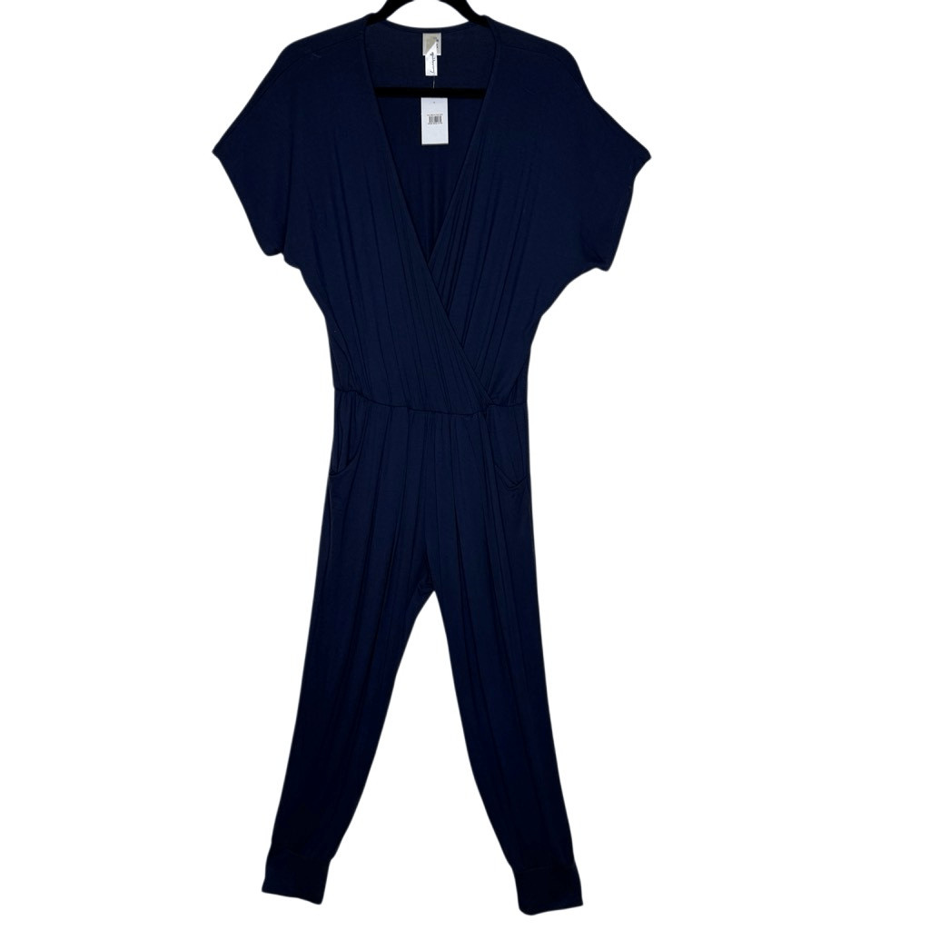 NEW Loveappella Navy Jersey Knit Short Sleeve Jogger Style Jumpsuit Sz M Casual
