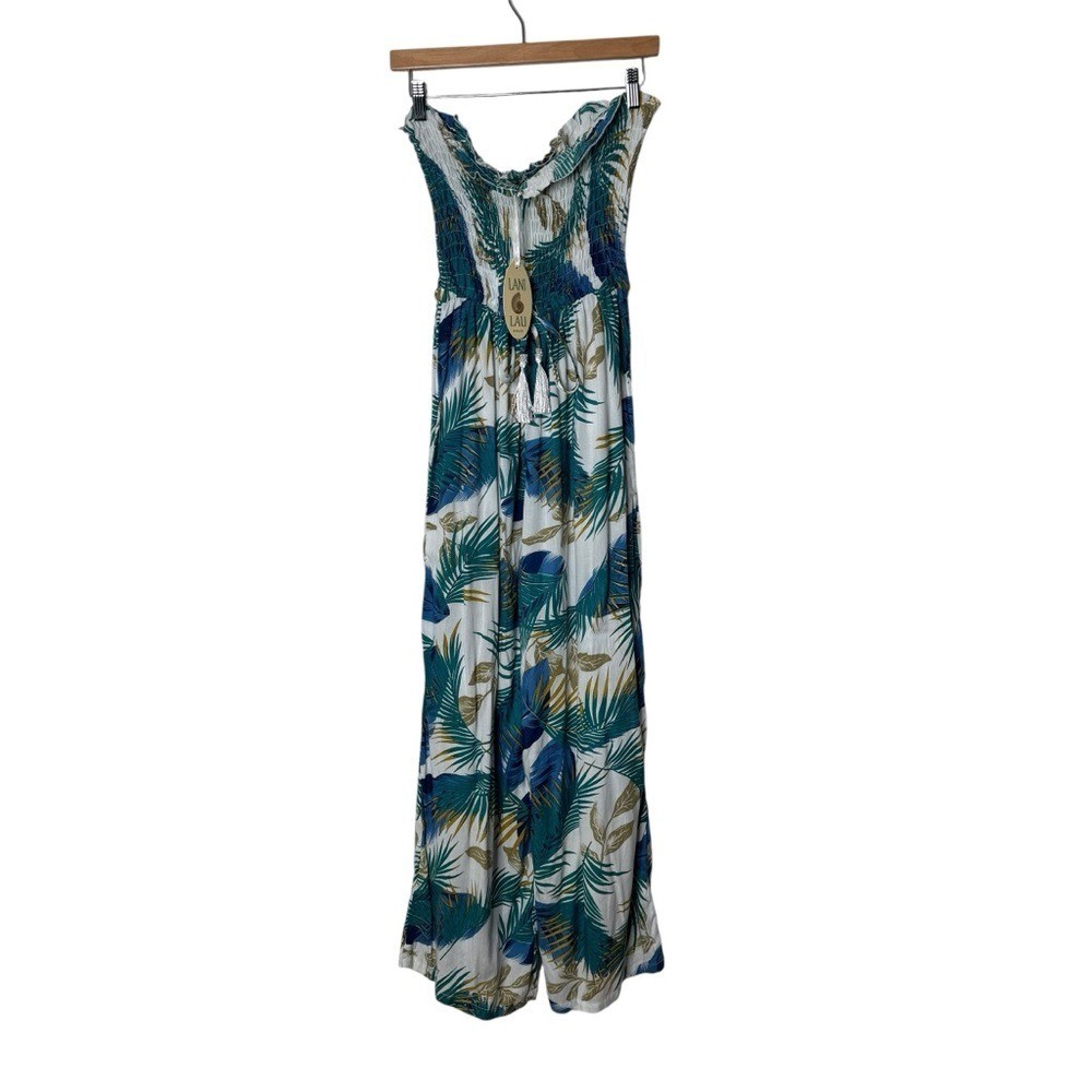 Lani Lau Jessie Strapless Smocked Palm Leaf Tropical Jumpsuit Women’s M L NEW