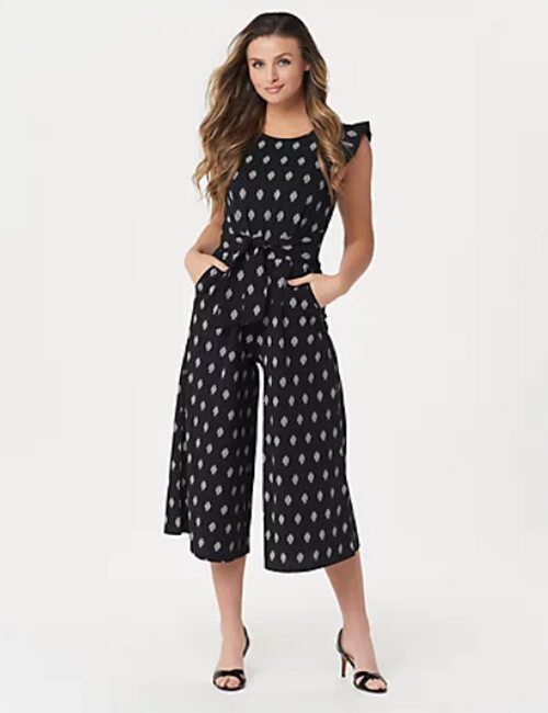 Du Jour Petite Black Dot Printed Knit Jumpsuit Tie Front XXSP New Ruffle Sleeve