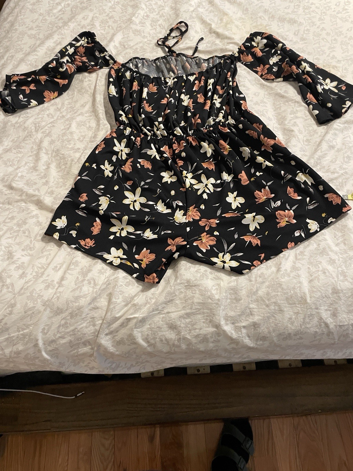 SHEIN Black Floral Romper Cold Shoulder Long Sleeve Women’s 2XL