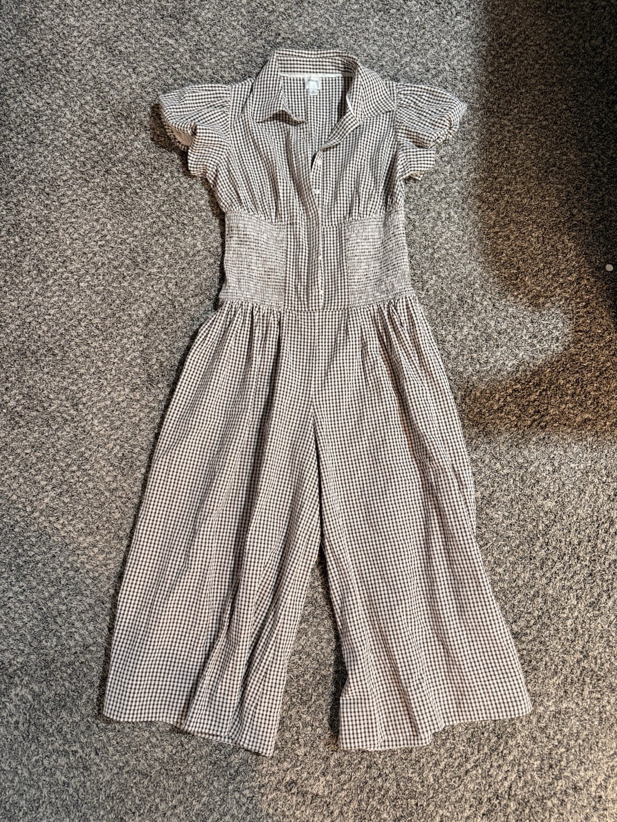 Maeve Anthropologie Gingham Wide Leg Jumpsuit Size M Brown Check Puff Sleeve