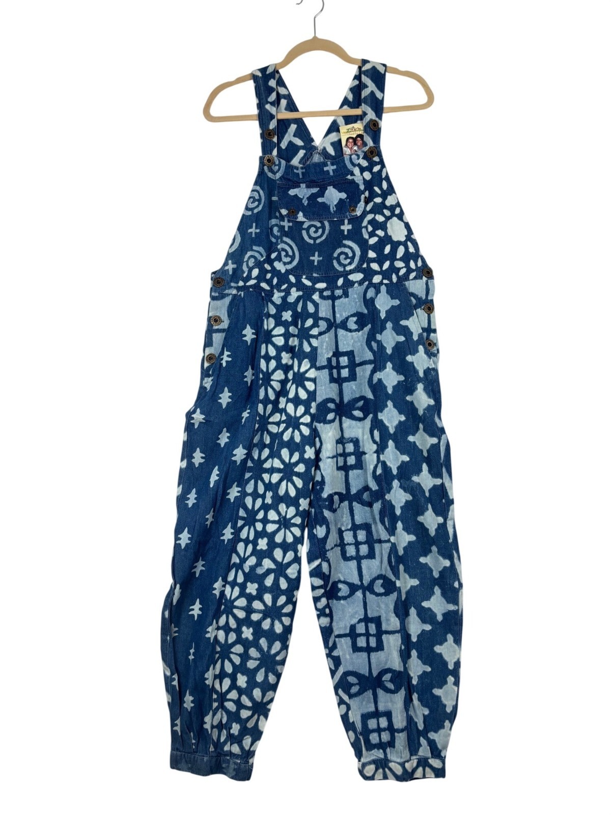 NWT Sacred Threads M Blue Batik Denim Overalls Geometric Pattern Boho Hippie