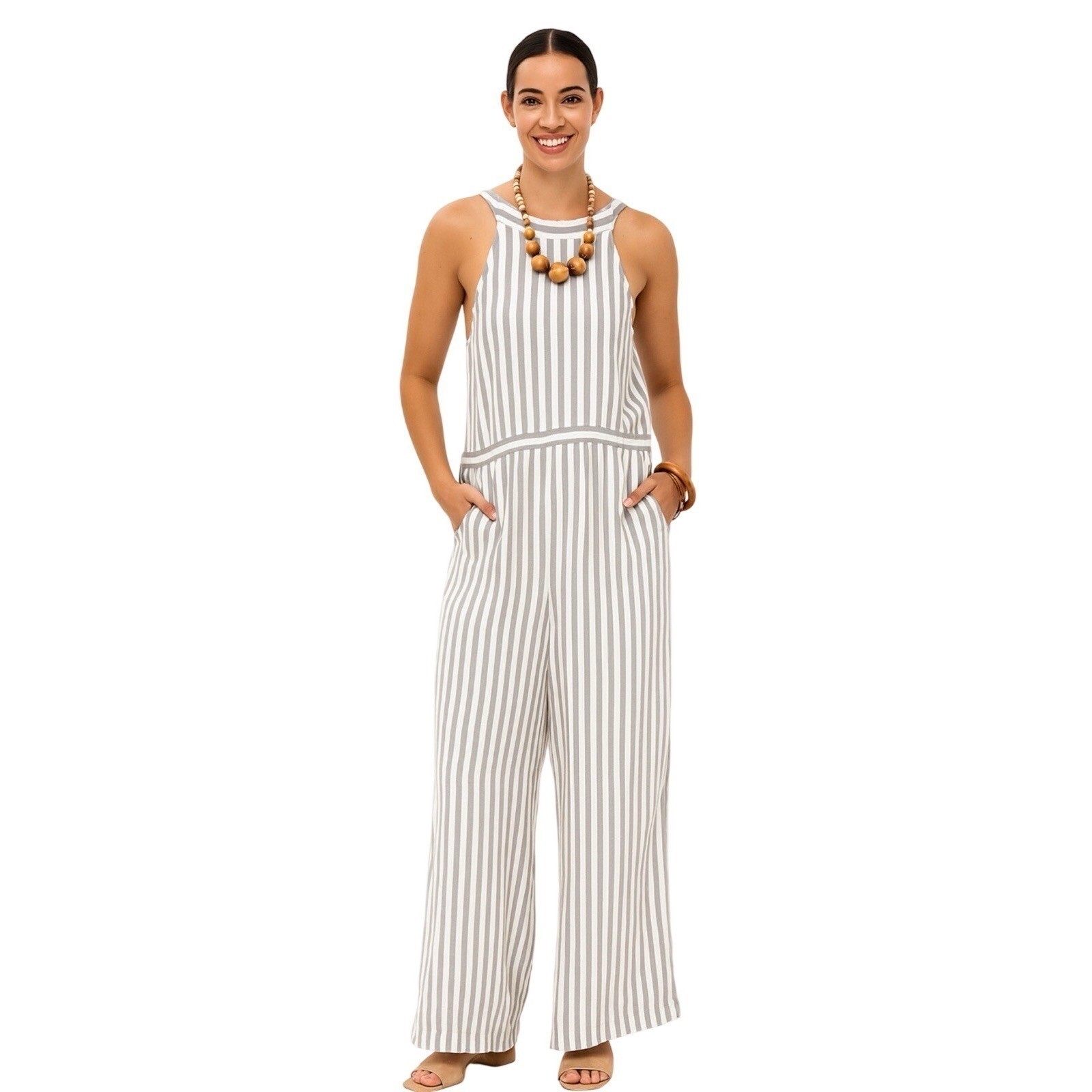 American Eagle Womens Grey White Striped Wide Leg Halter Jumpsuit Large Pockets