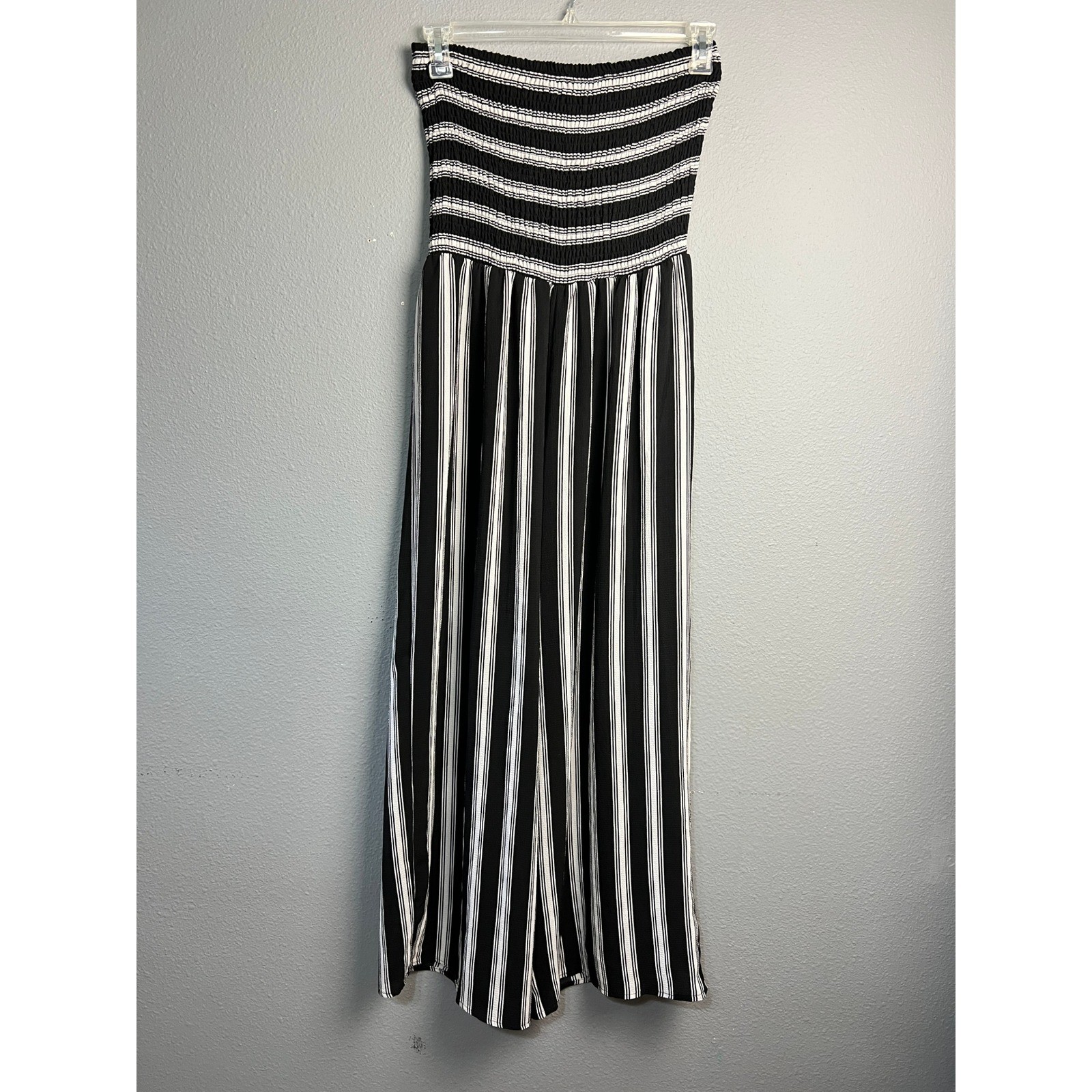 Black White Striped Tube Top Wide Leg Jumpsuit XL Smocked Strapless Coastal