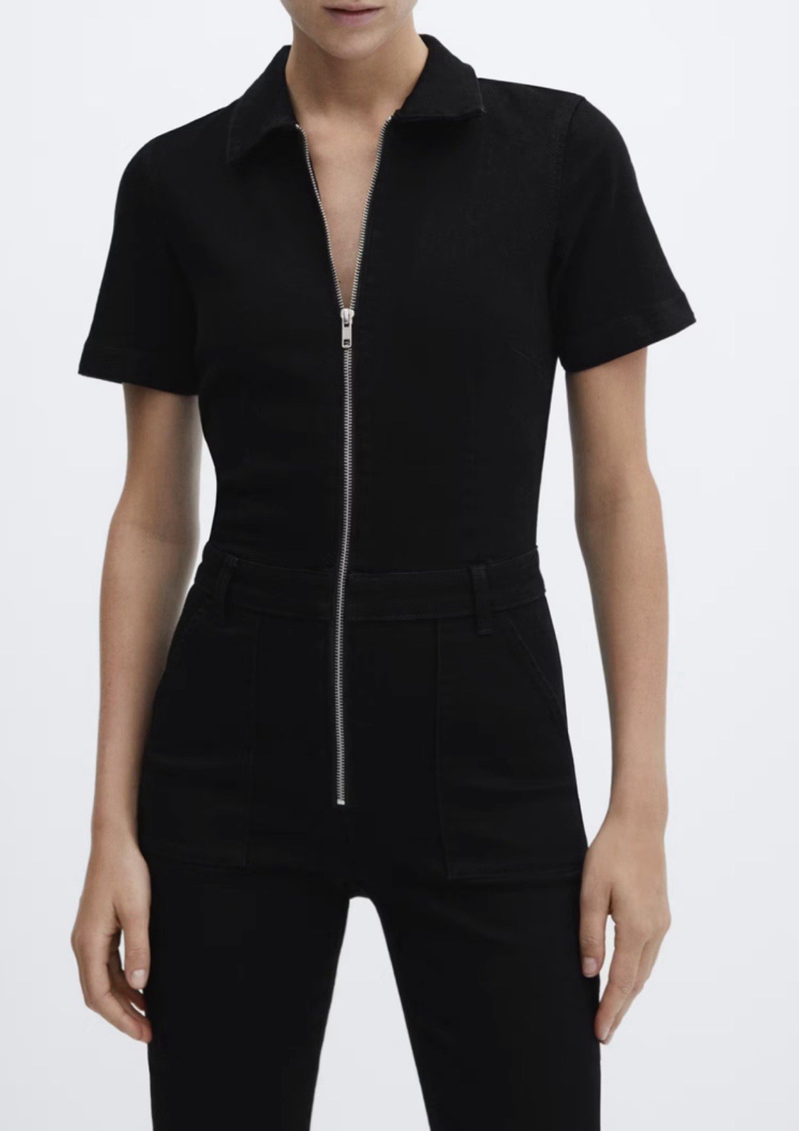 MANGO Black Denim Jumpsuit Womens Size XXS Full Length Zip Front Utility New