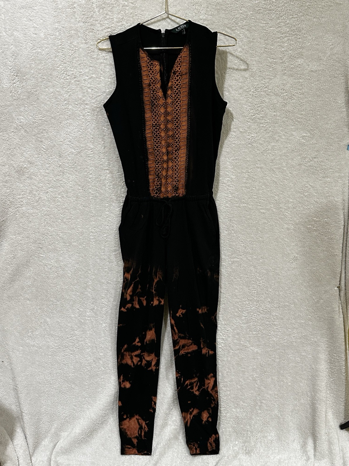 Lauren Ralph Lauren Women’s Black V-Neck Jumpsuit Size Small Embroidery Belted