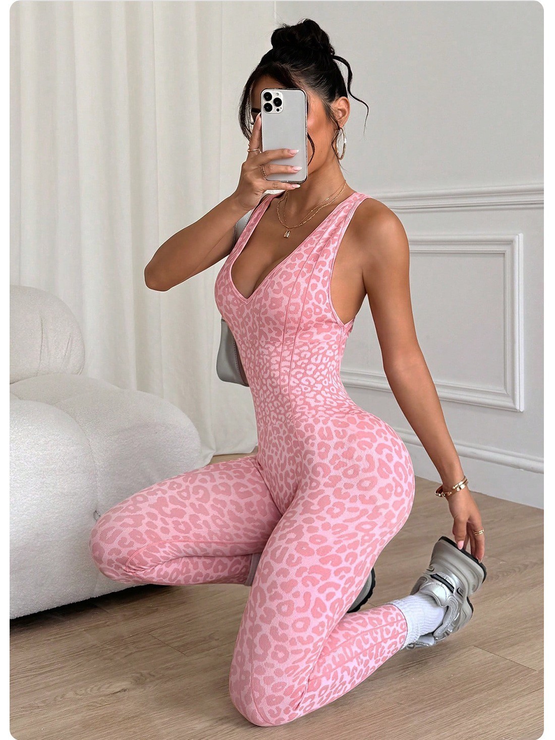 Women’s Cheetah Print Workout Jumpsuit V Neck Backless Scrunch Booty Yoga Romper