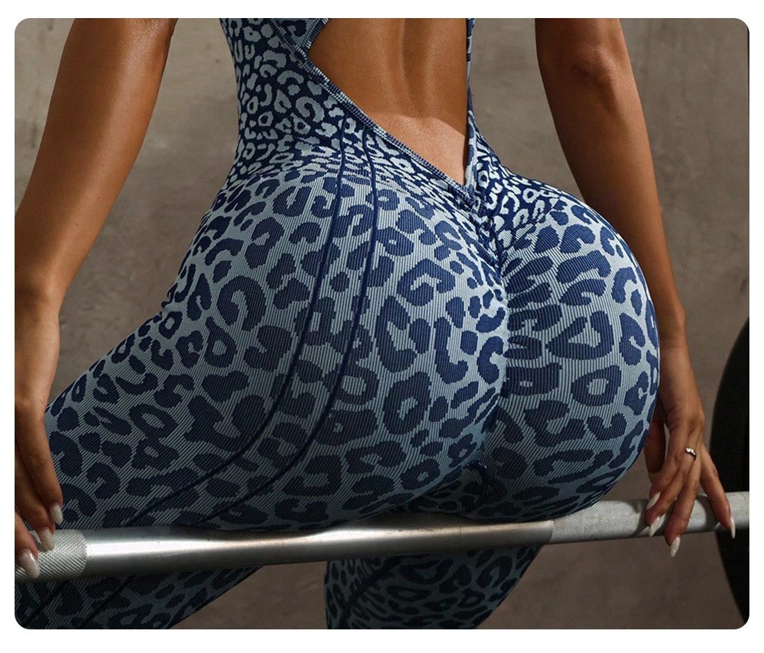 Women’s Cheetah Print Workout Jumpsuit V Neck Backless Scrunch Booty Yoga Romper