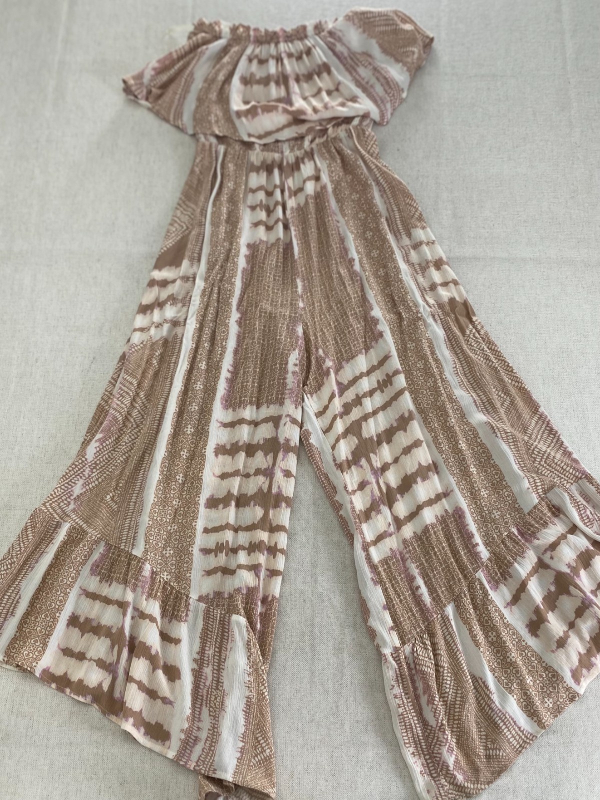Off Shoulder Wide Leg Jumpsuit Womens Size 24 Brown Cream Boho Print Elastic