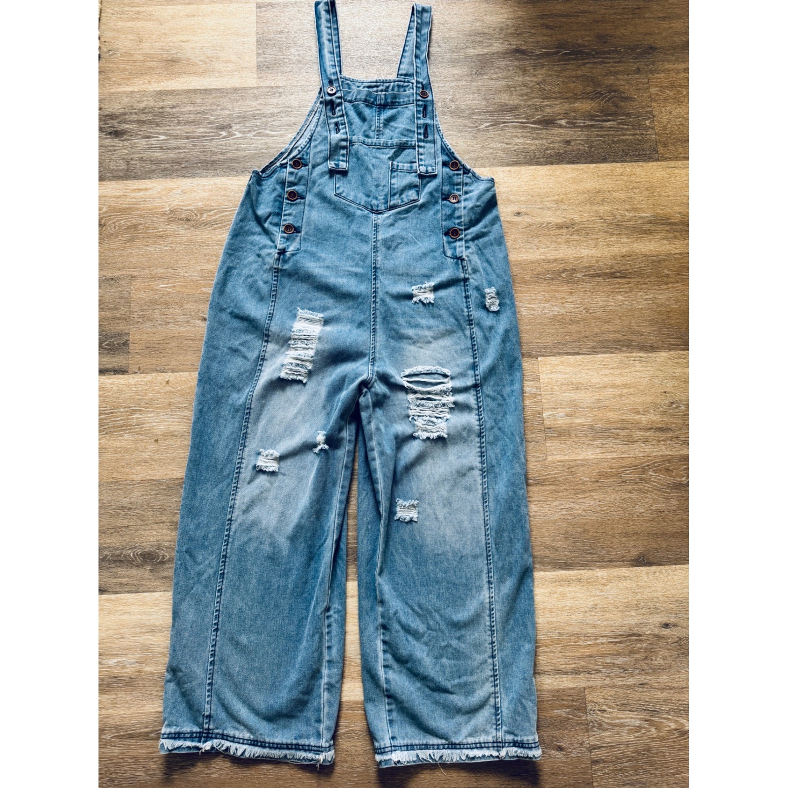 Distressed Wide Leg Denim Overalls Light Wash Blue Frayed Hem Size S C3C000