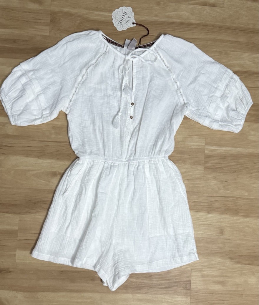 Knox Rose Romper White Gauze Boho Tie Neck Puff Sleeve NWT Women’s M