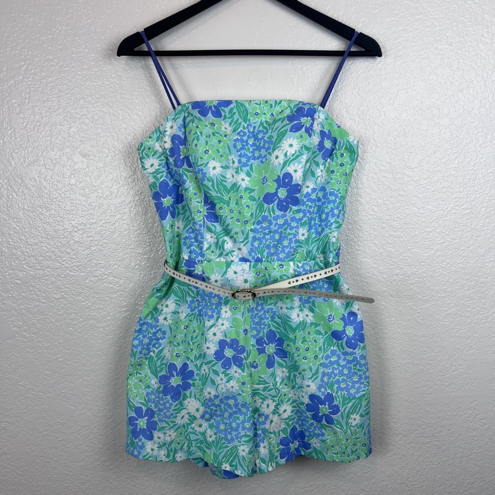 VTG 70s Sea Waves Romper Womens 14 Green Blue Floral Retro Garden Party Vacation