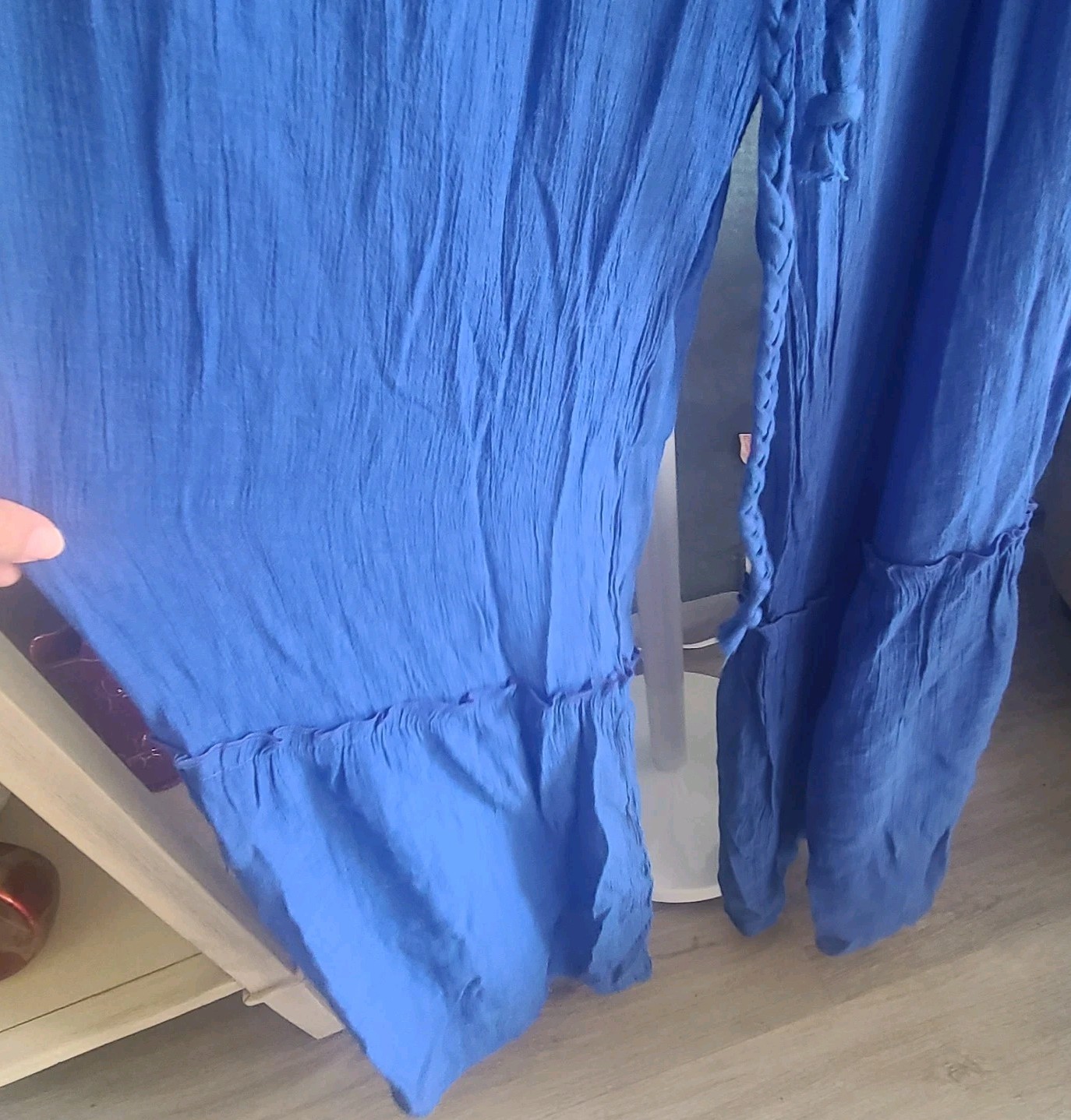 Love Tree Smocked Jumpsuit Large Royal Blue Strapless Wide Leg Gauze Tie Boho