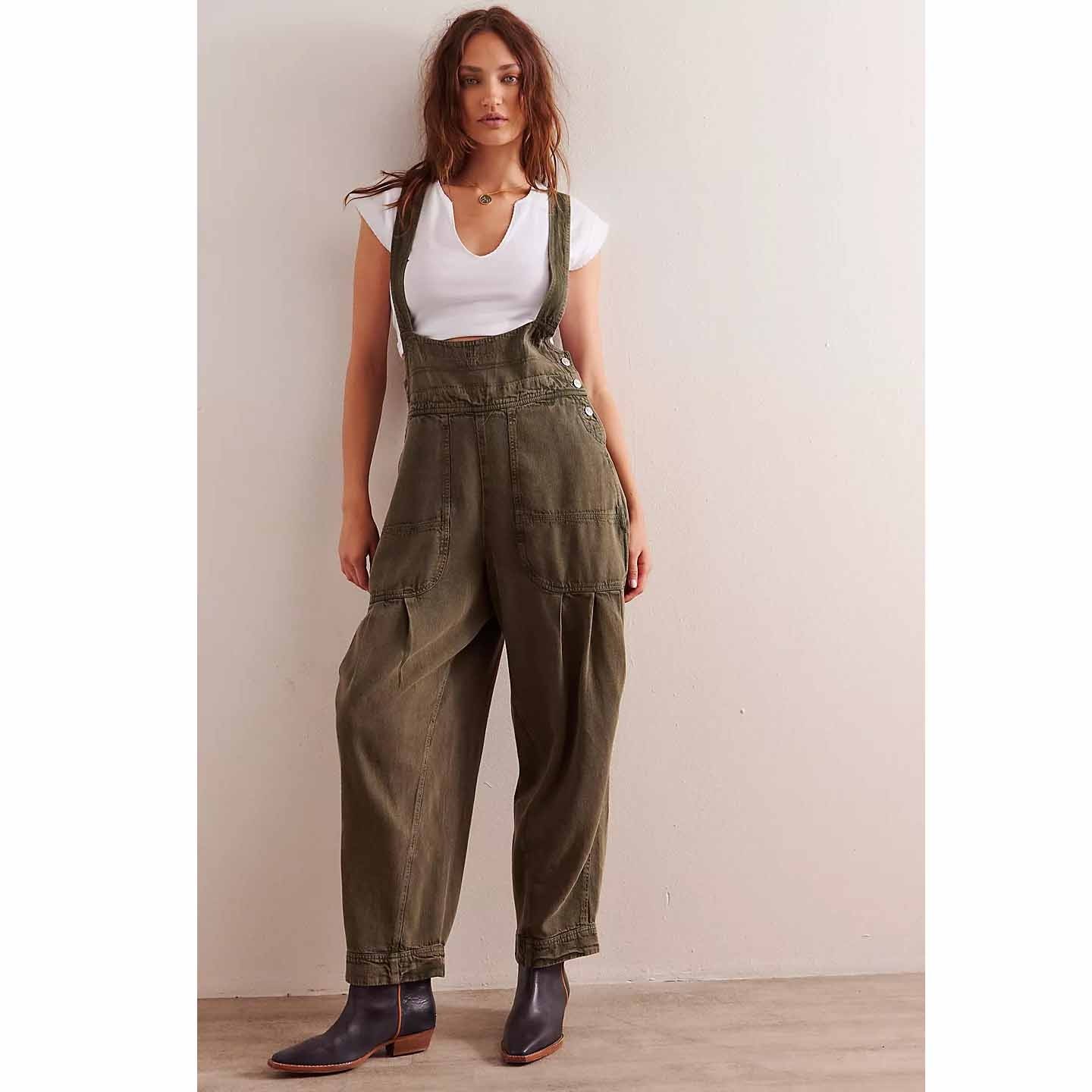 Free People We The Free Felix Tapered Overalls Jumpsuit Pinafore Olive XL 288353