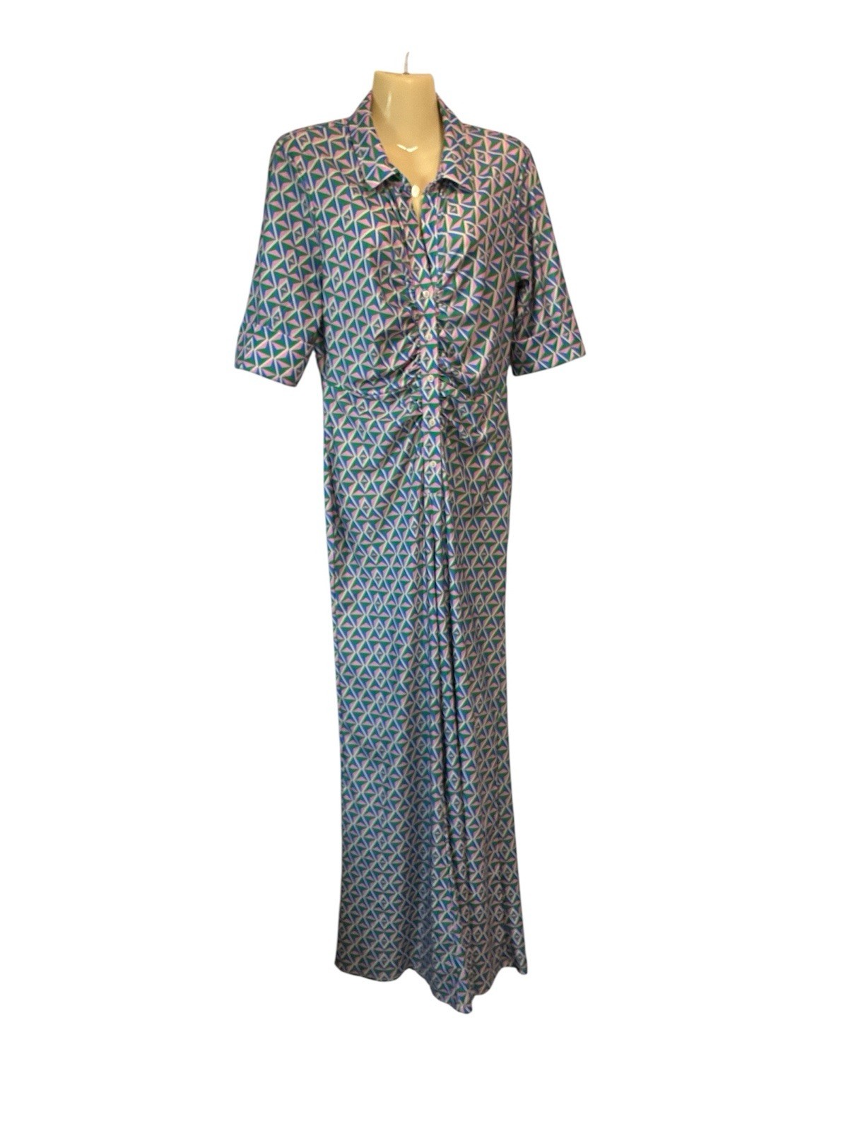 Her Bottari Jumpsuit Geometric Scrunched Front Retro Chic Pastel Pink Blue Med