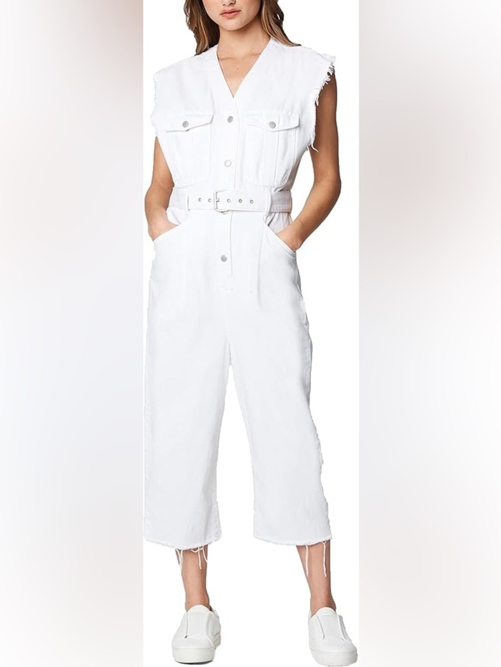 Blank NYC White Sleeveless Belted Cropped Jumpsuit White EUC size M 100% Cotton