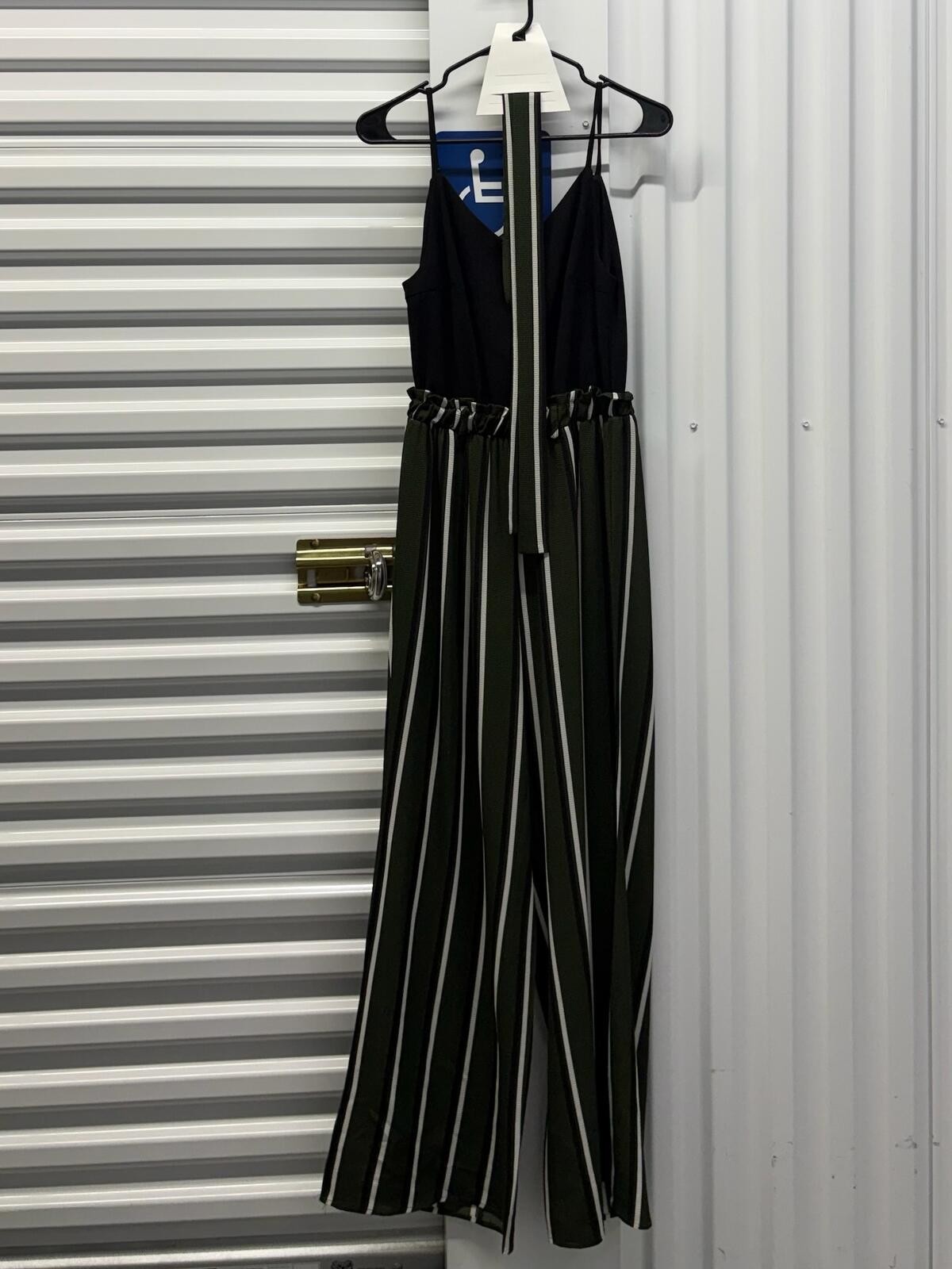 Blue Rain Women’s Medium Blue Rain Belted Jumpsuit Black Green White Striped