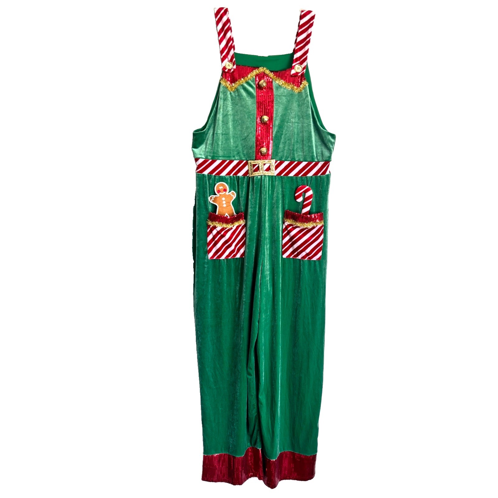 No Boundaries Sz XL Christmas Elf Velvet Jumpsuit-Green-Red Sequin Gingerbread