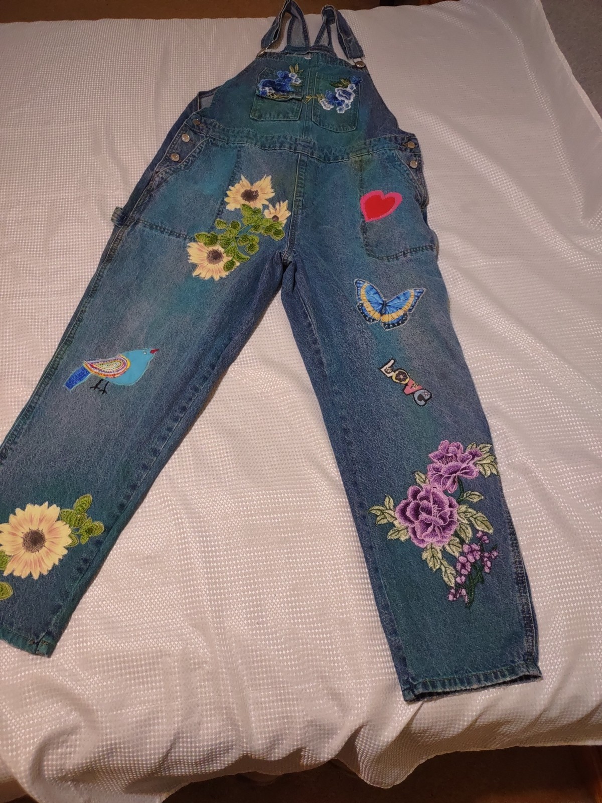 OOAK recycled Women’s Coveralls XL appliqued floral puppy butterfly love EUC