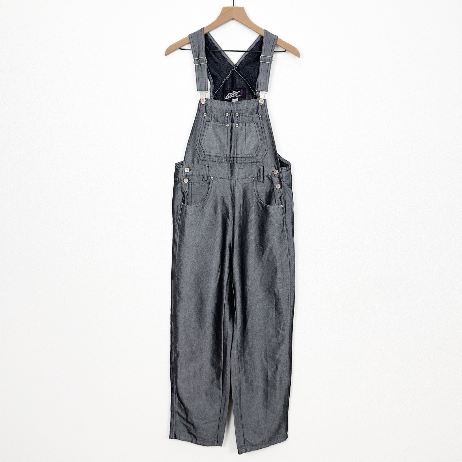 Vtg Lazer Jeans Overalls Womens Small Black Metallic Loose Y2K 90s Baggy Retro