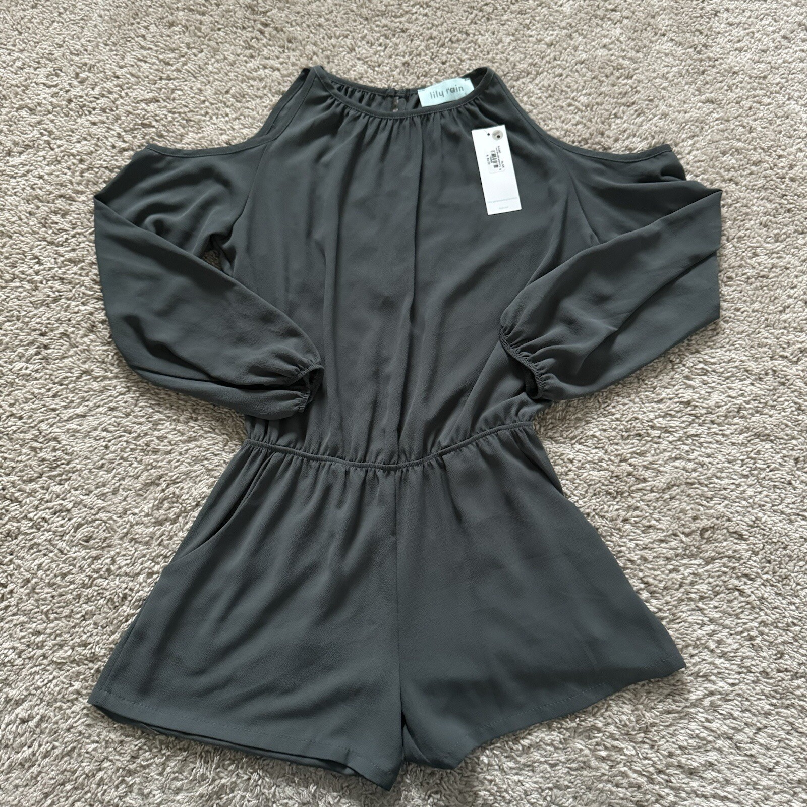 Lily Rain Naked Shoulder Romper Olive Green Bishop Women’s Small Elastic Waiste