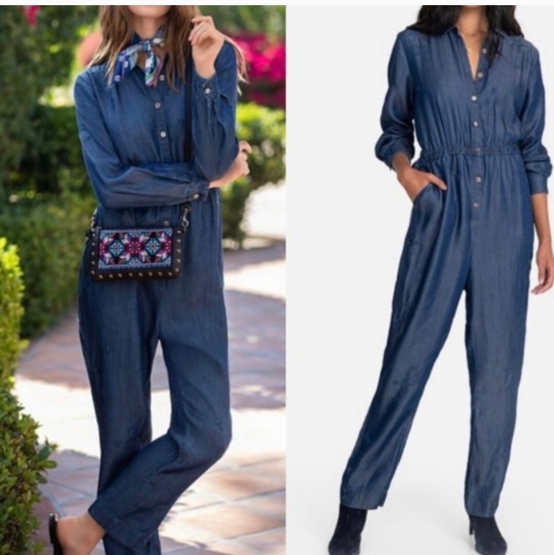Johnny Was Jumpsuit Womens M Halley Denim Chambray Blue Embroidered Star Pocket