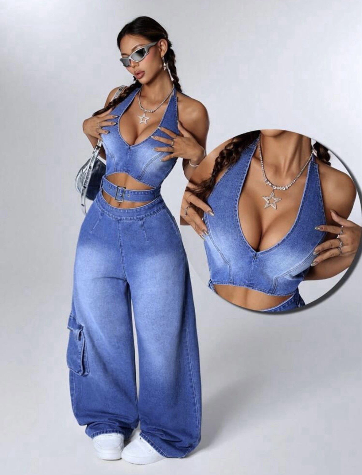 Women’s Fashionable Hollow-Out Jumpsuit With Halter Neck, Denim, XS – L