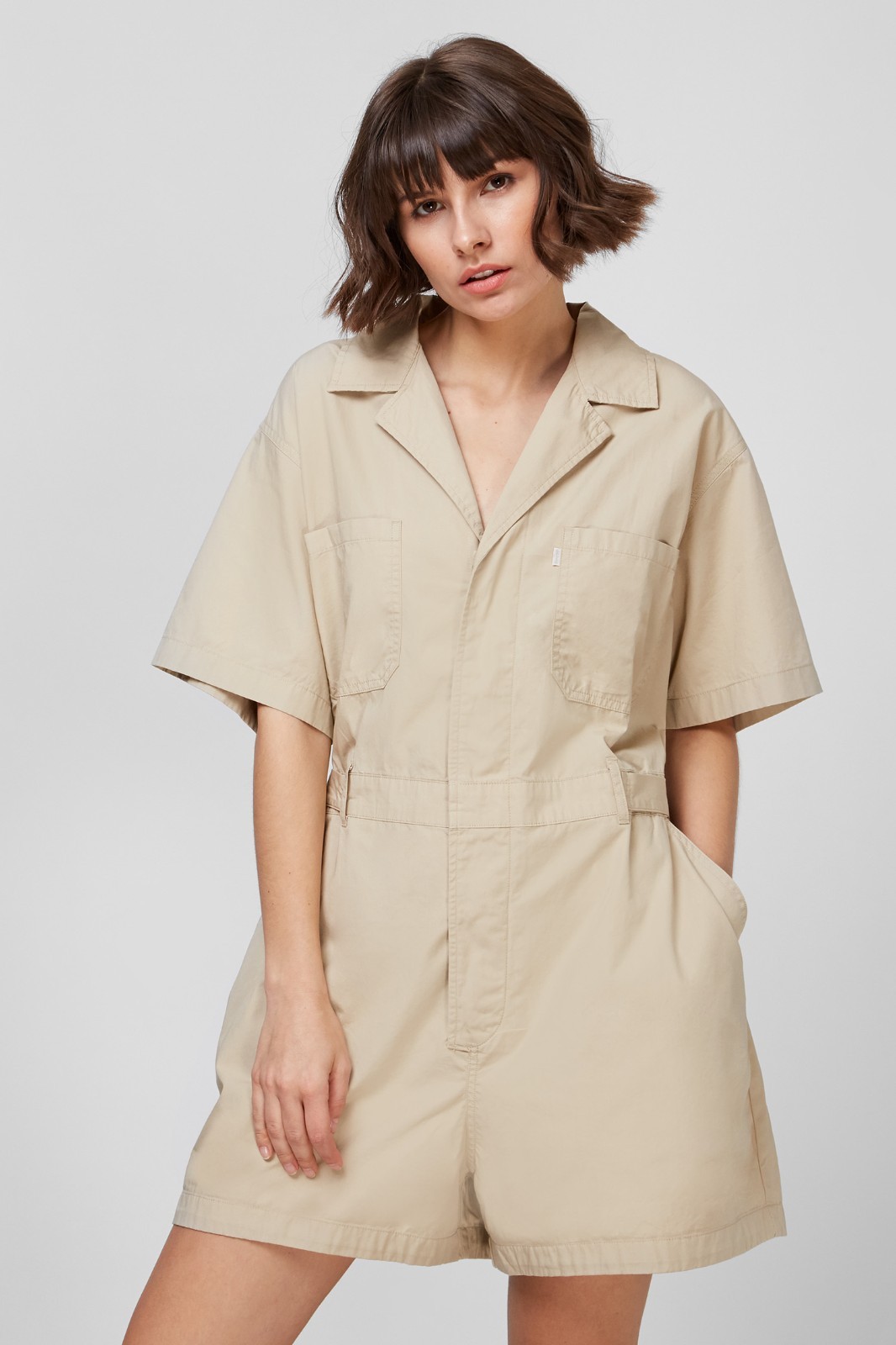 Levi’s Alva Cinch Waist Romper Safari Khaki Tan Beige Short Sleeve Cotton (M)
