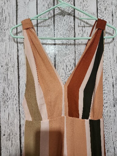 4SI3NNA Maxi Jumpsuit S Fall Colorblock Stripes Wide Leg V Neck Belt Zip Career