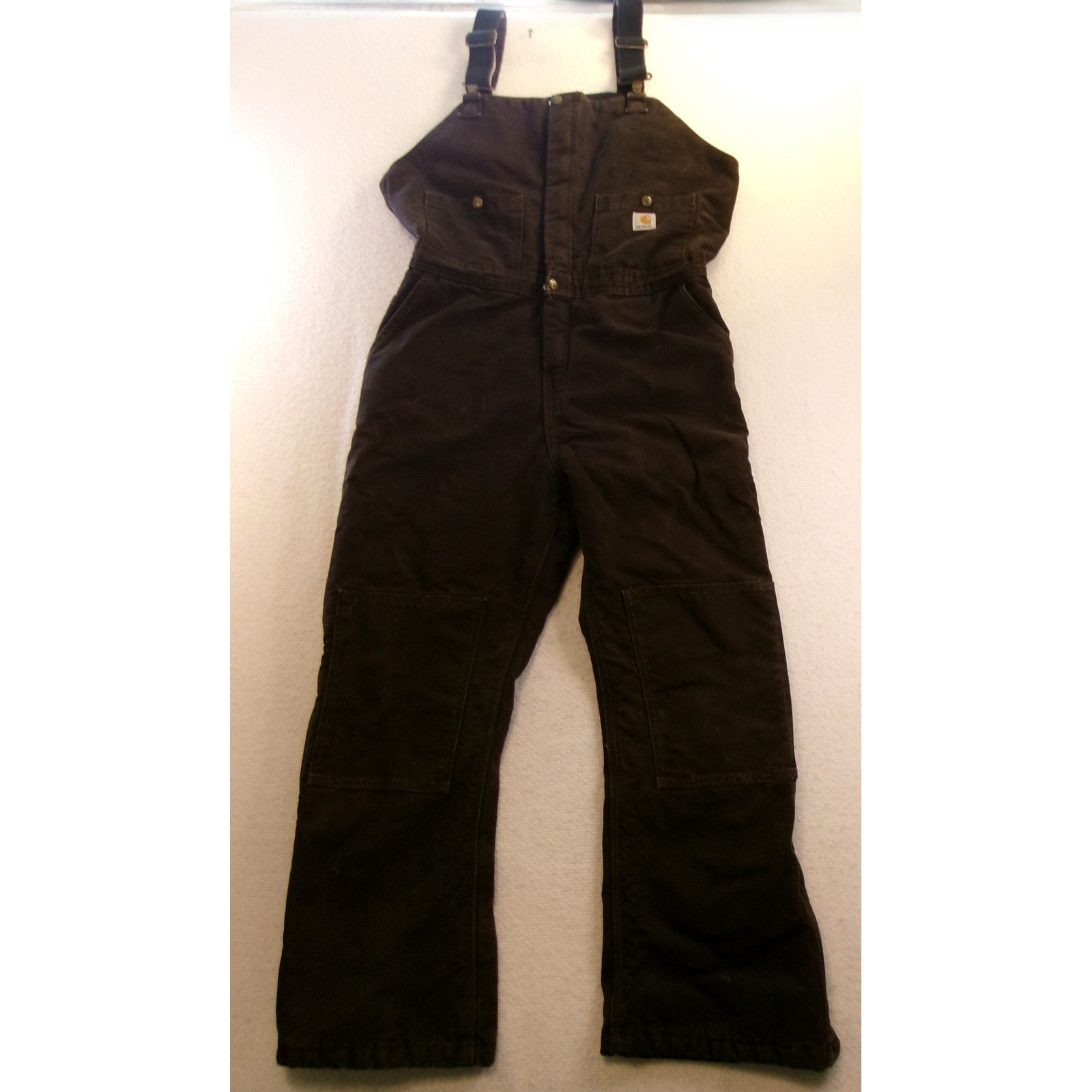 Carhartt Women 14×28 Bib Overalls Brown Duck Canvas Quilted Lined Double Knee
