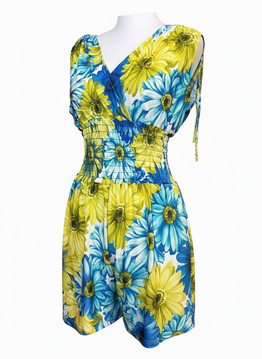 Women Floral Romper XL Blue Yellow Daisy Print Smocked Waist V Neck Short Sleeve