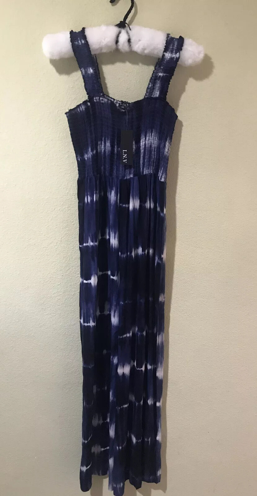 L.N.V Blue White Tie Dye Print Wide Straps Wide Pants Jumpsuit Sz Med NWT D1