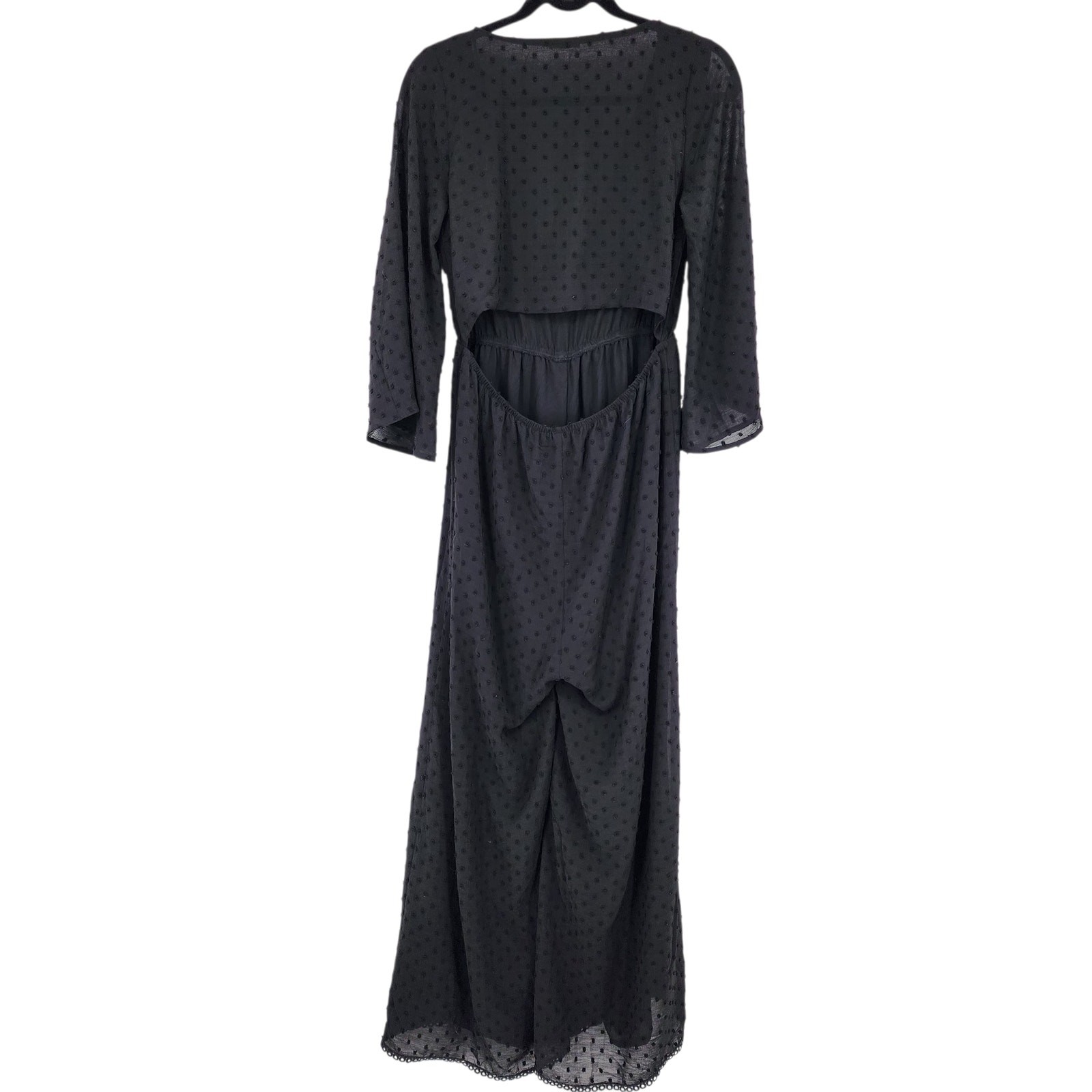 NWOT POL Black Swiss Dot V-neck Bell Sleeve Wide Leg Cutout Back Jumpsuit Size S