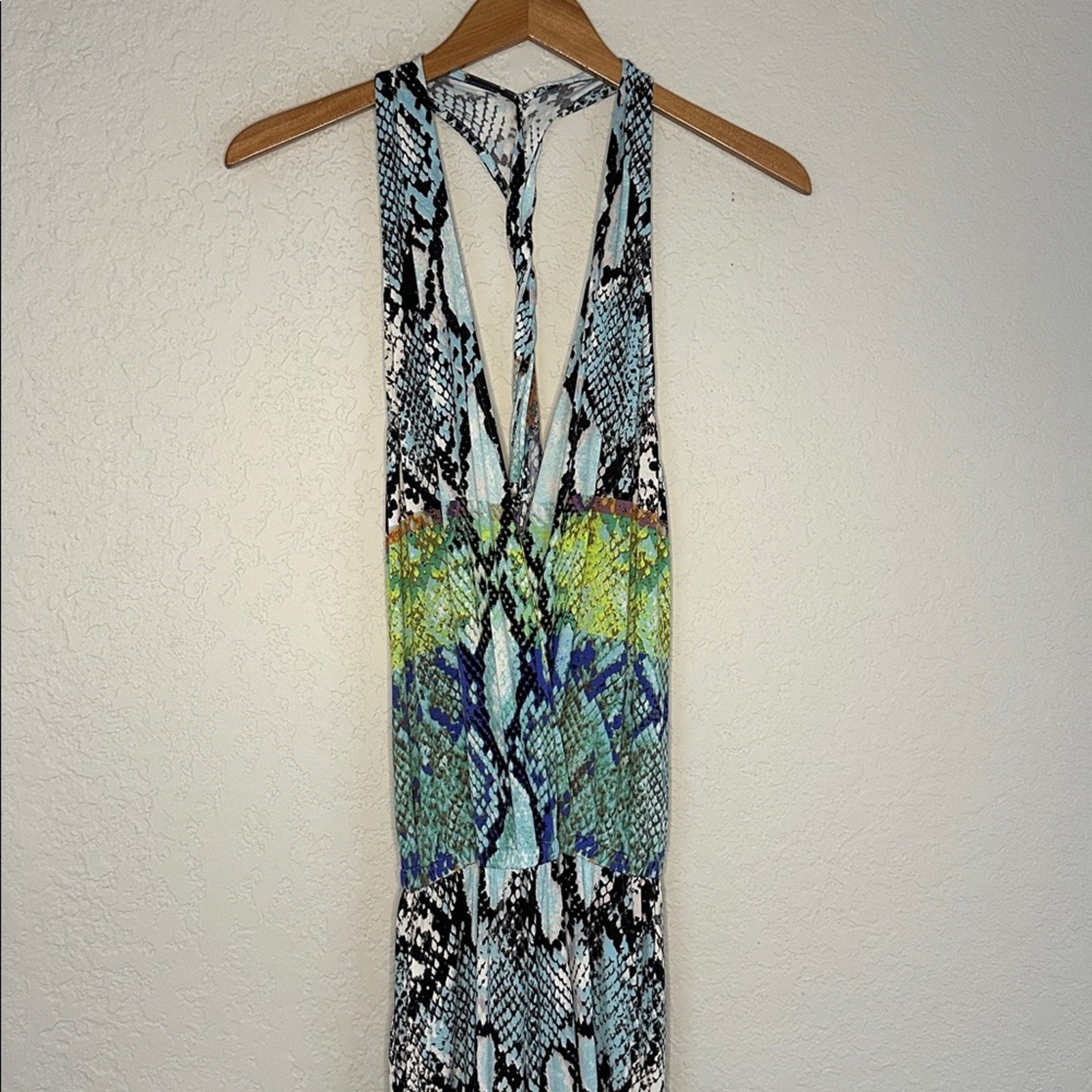 Hale Bob Sienna Halter Snakeskin Jumpsuit Snake Resortwear 70s Party Blue Green