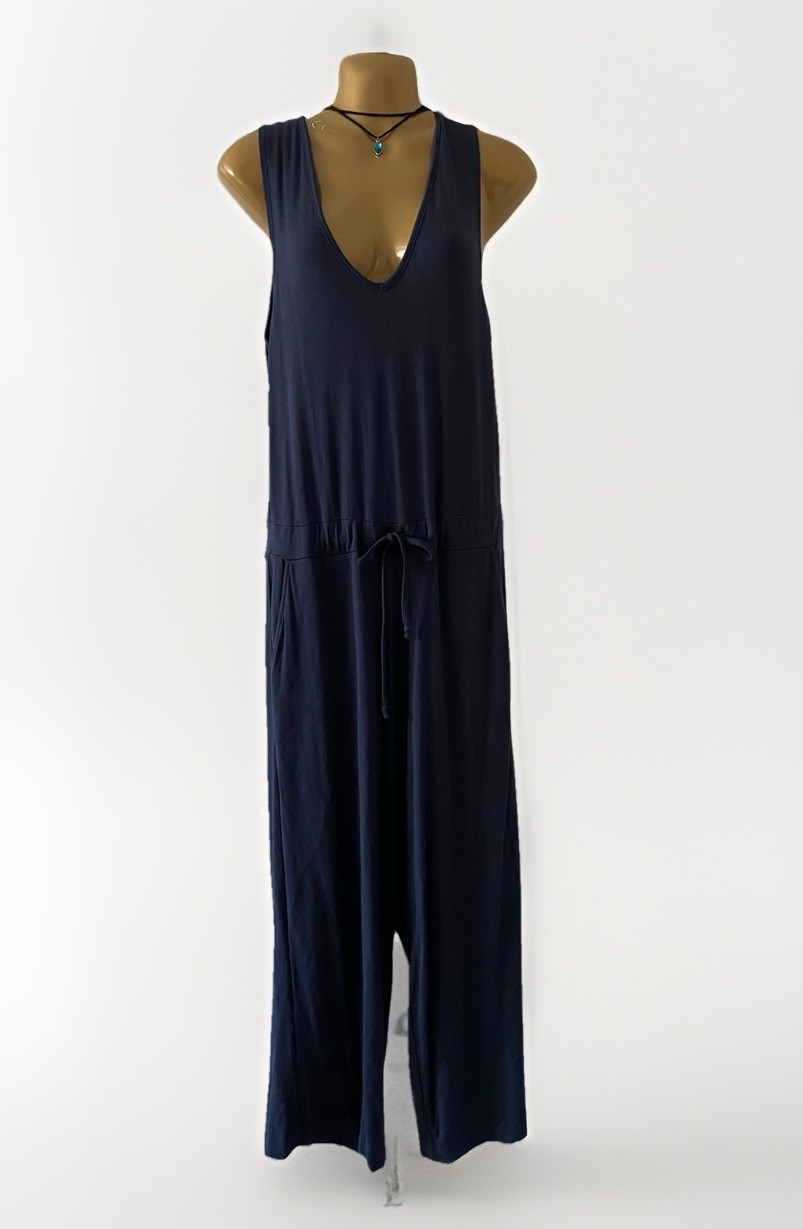 Quince French Terry Modal Jumpsuit Navy Tie Waist M Crop Wide Leg Travel Lounge
