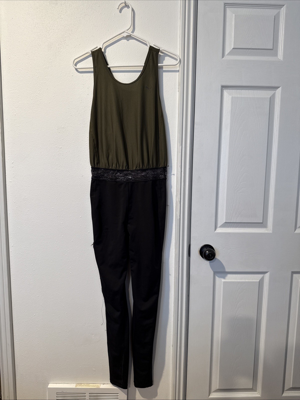 Puma Athletic Jumpsuit M Medium Olive Green Black Open Back Activewear Lounge