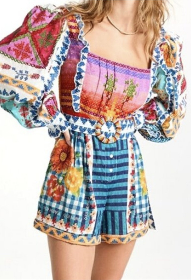 Farm Rio Summer Stitches Romper Shorts Women’s L Patchwork Embroidered Boho