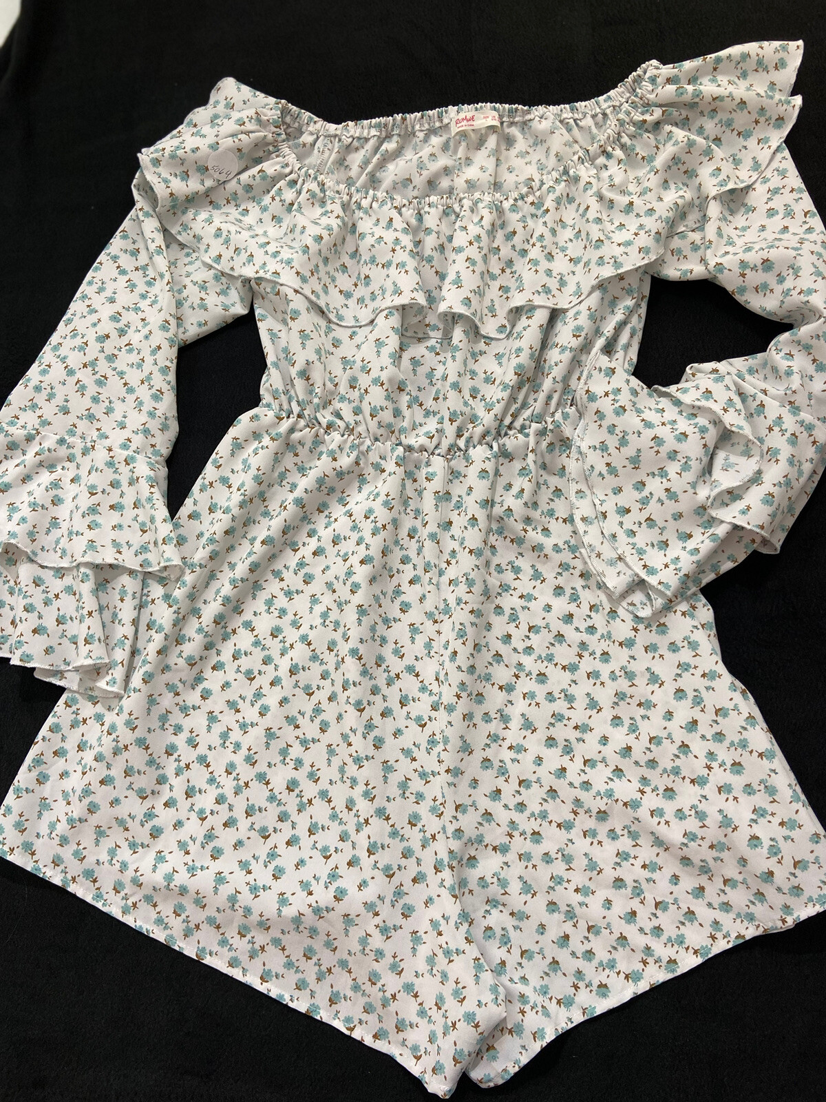 Romwe Romper Size L Shirred Neckline 3/4 Ruffled Tiered Empire Elastic Waist