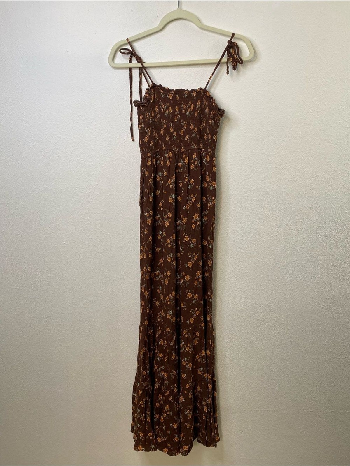 Audrey Parks Francesca’s Brown Floral Smocked Jumpsuit S Spaghetti Straps Earthy