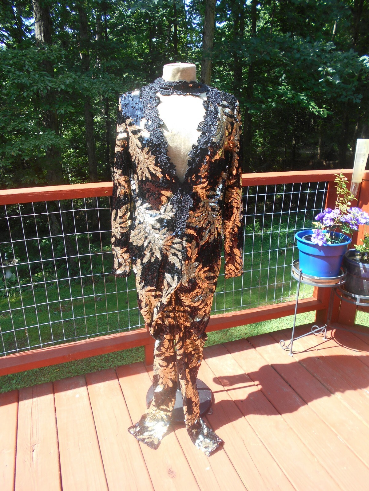 Sexy Sheer BANJUL Black & Gold Sequined & Lace Plunging Jumpsuit size M