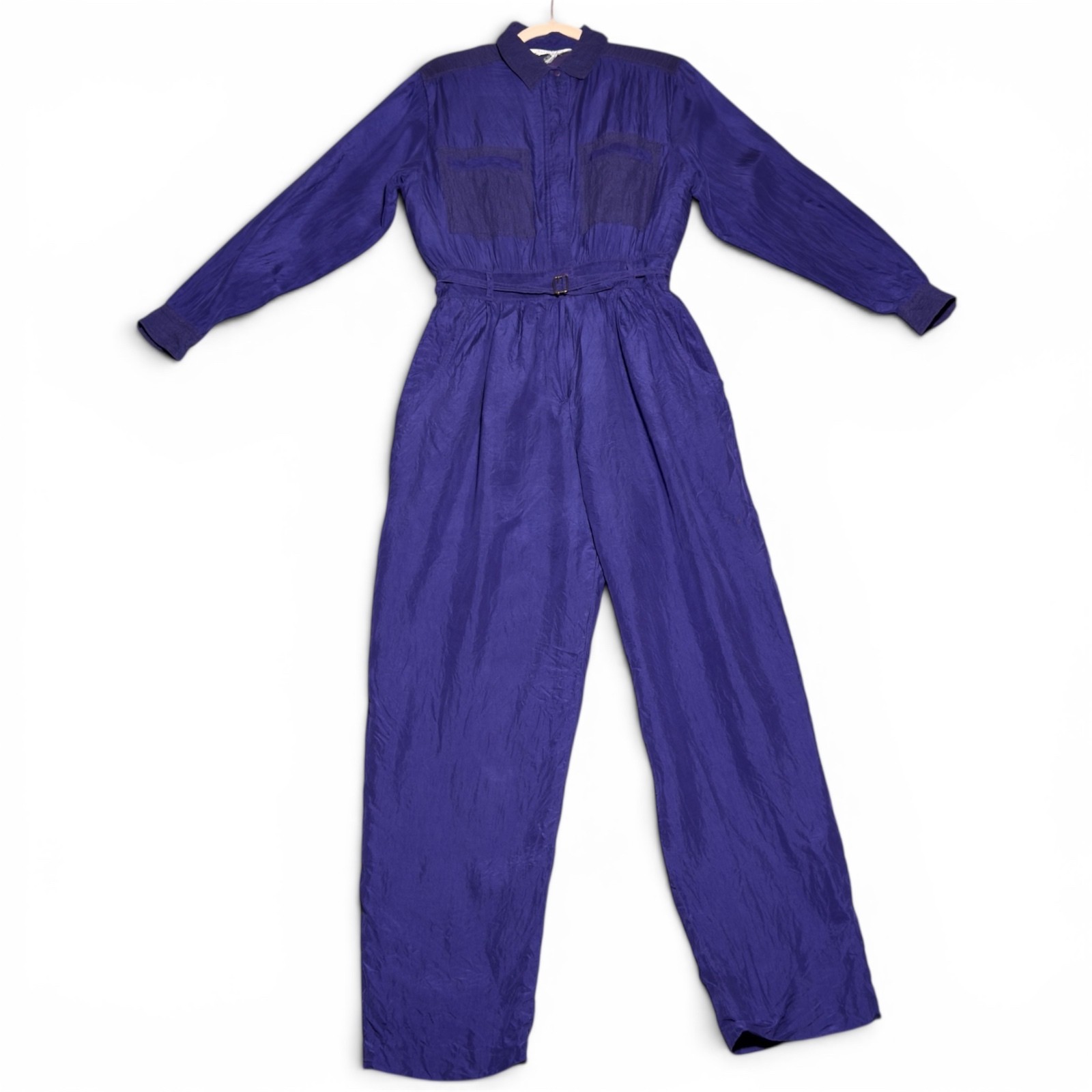 Vintage Sunny Leigh Purple 100% Silk Long Sleeve Jumpsuit with Belt Size L