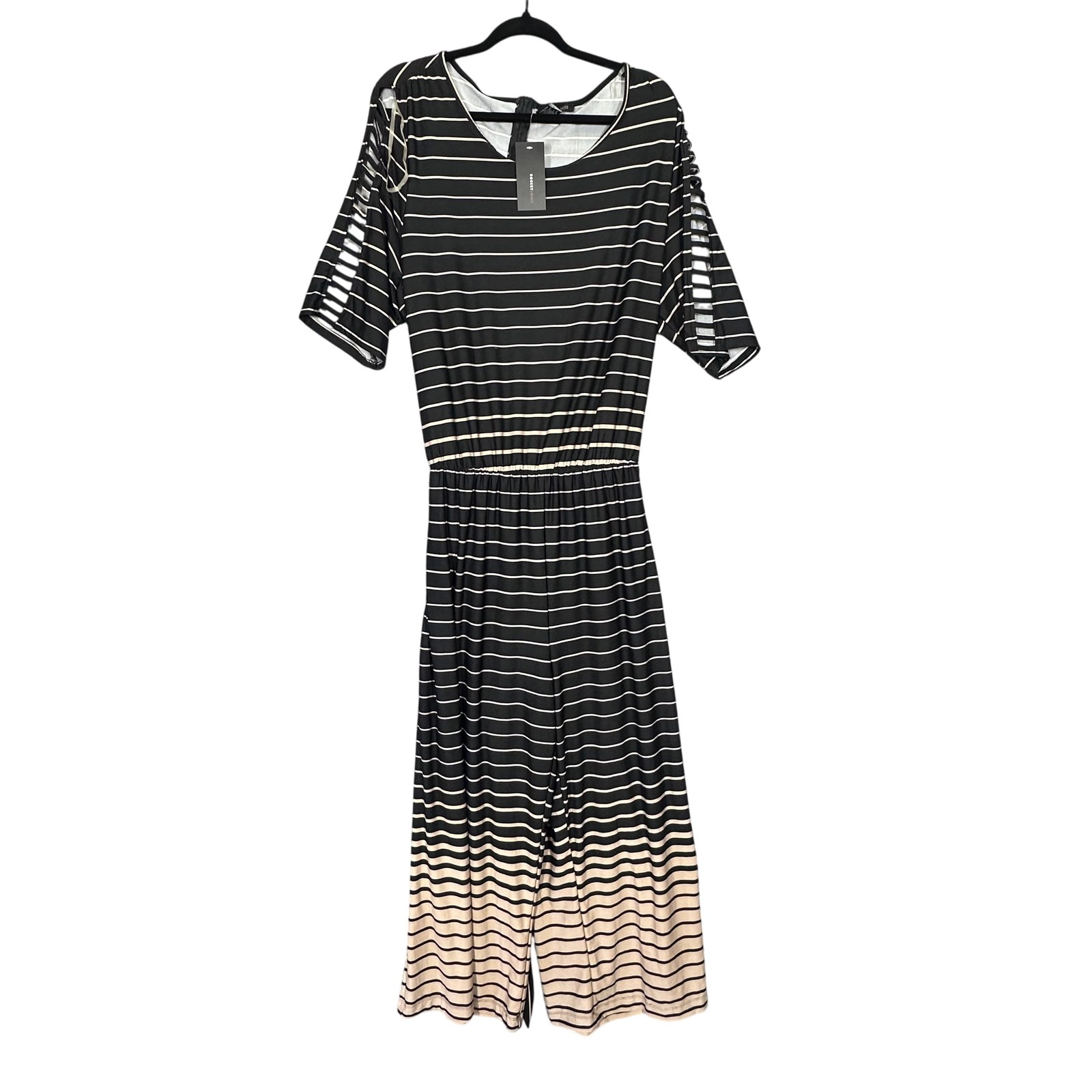Robert Louis Jumpsuit Womens 3X Black Khaki Striped Wide Leg Cutout Sleeve New
