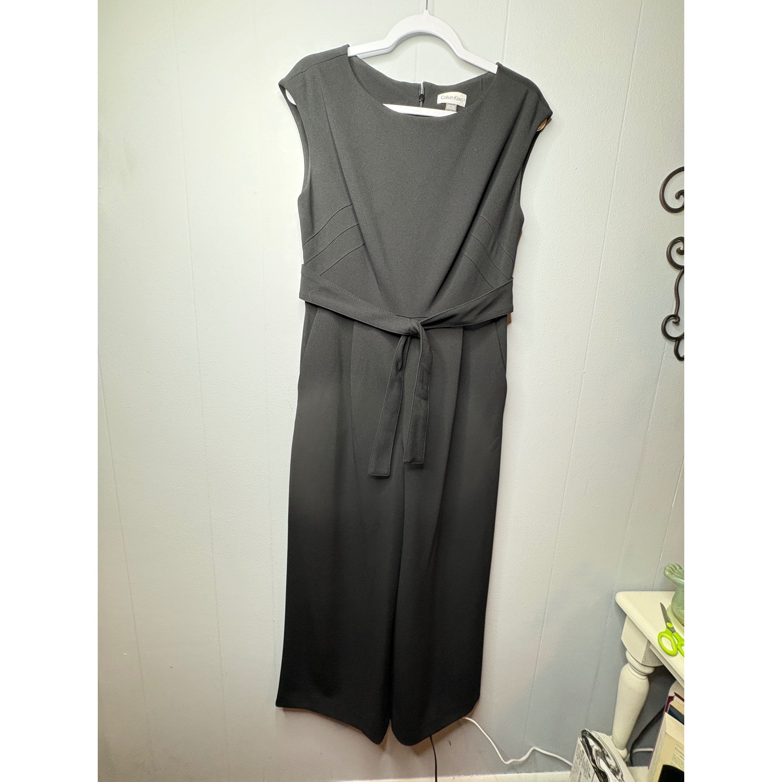 Calvin Klein Womens Black Wide Leg Sleeveless Tie Waist Jumpsuit Size 8 RN54163