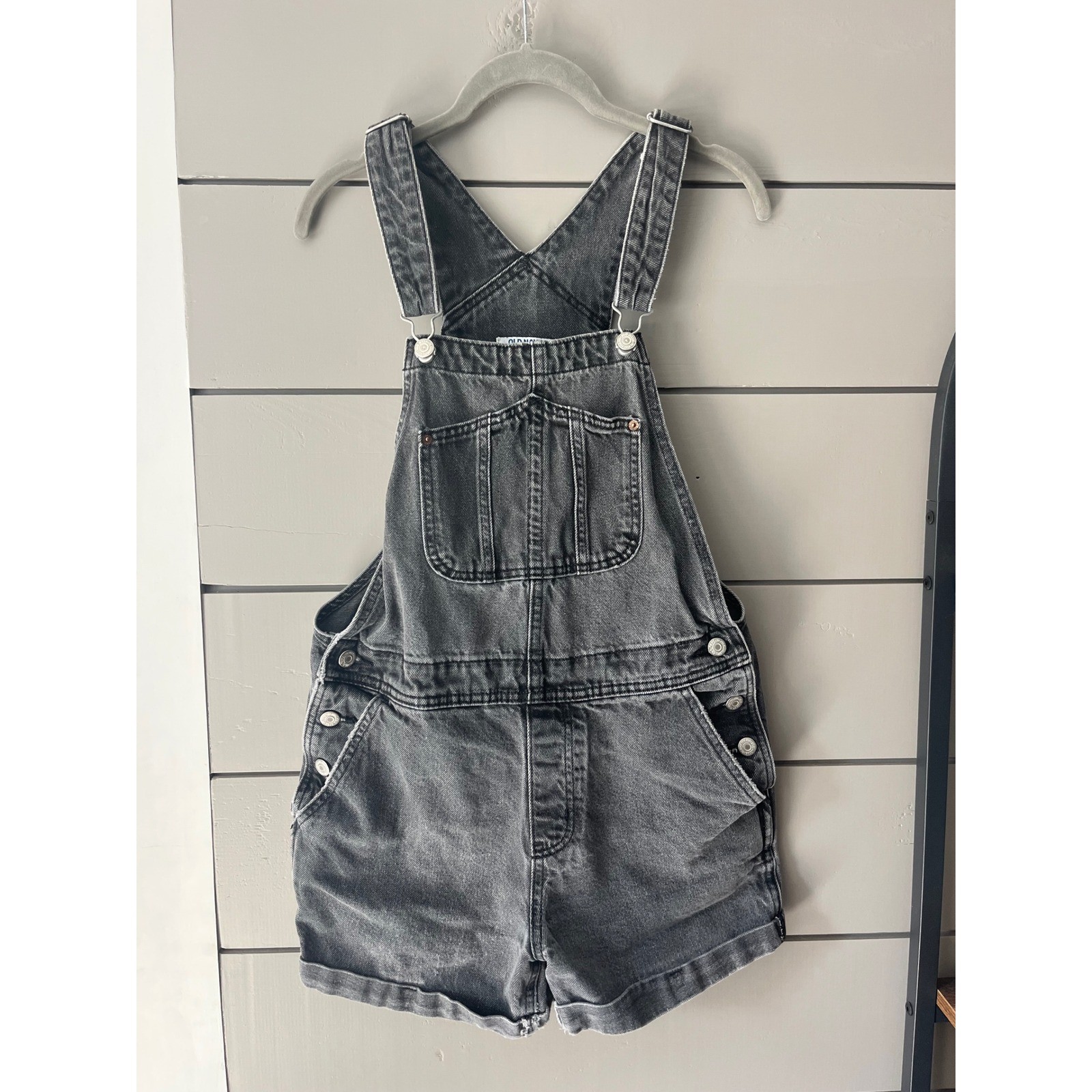 Old Navy Womens Black Denim Shortalls Overalls Size M Faded Wash 100% Cotton