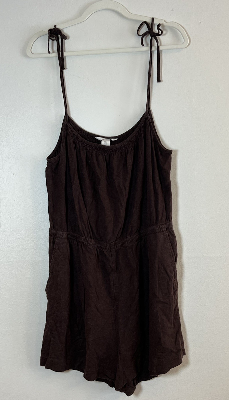 HM Romper L Chocolate Brown Linen Blend Lined Shorts Pockets Tie Shoulders