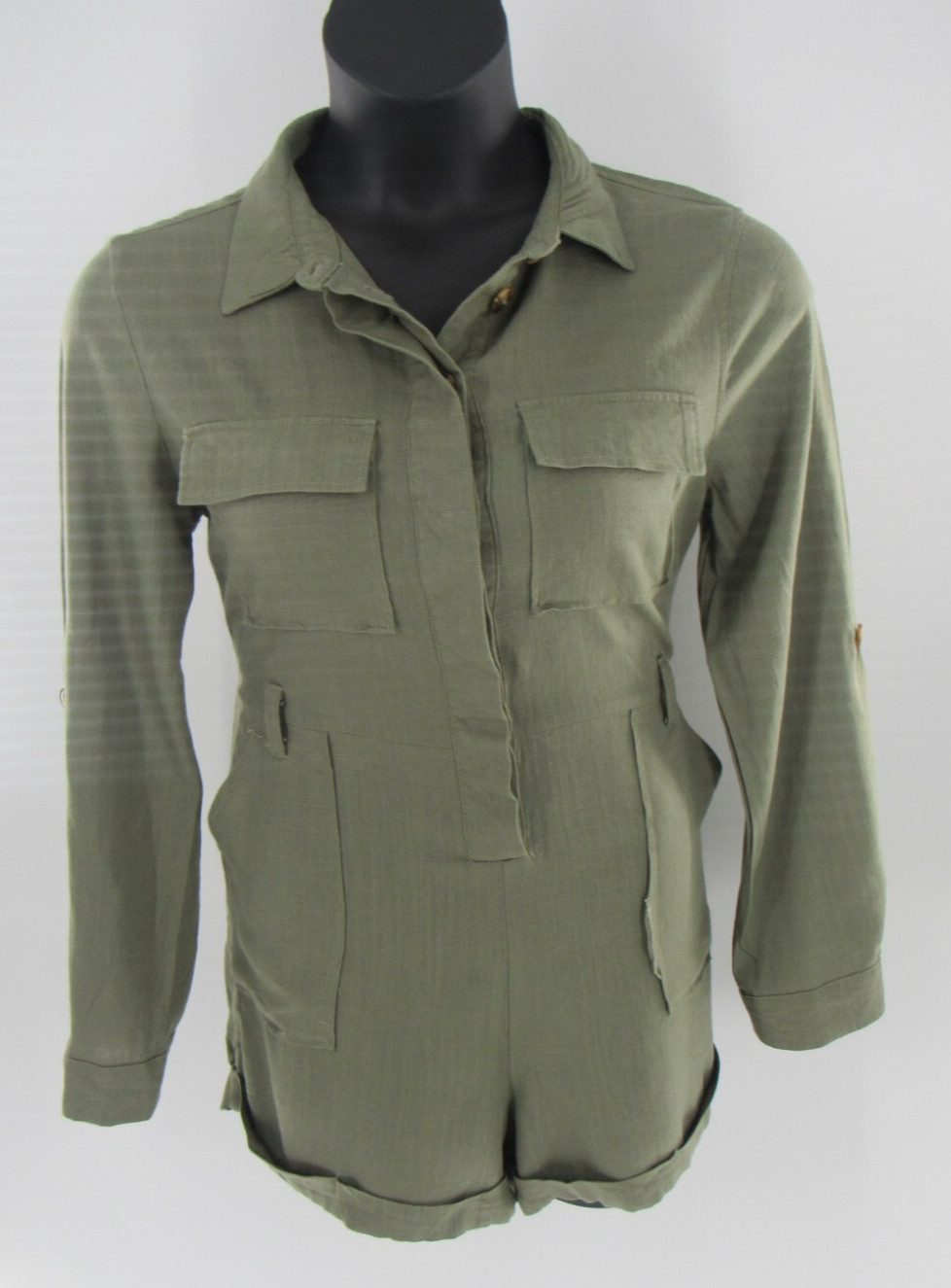 Shinestar Cropped Romper Olive Green One Piece Pockets Long Sleeve Size Large