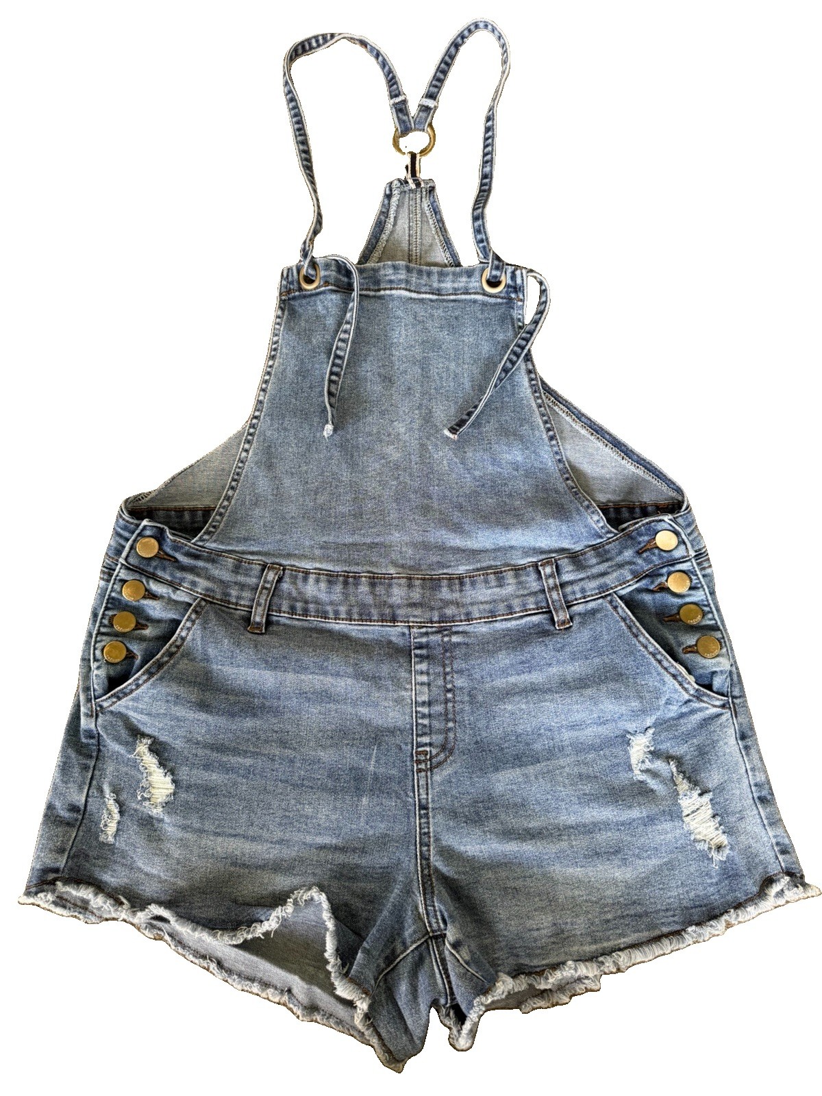 Refuge Women’s Plus Blue Denim Distressed Overall Shortalls Romper Adjustable 16