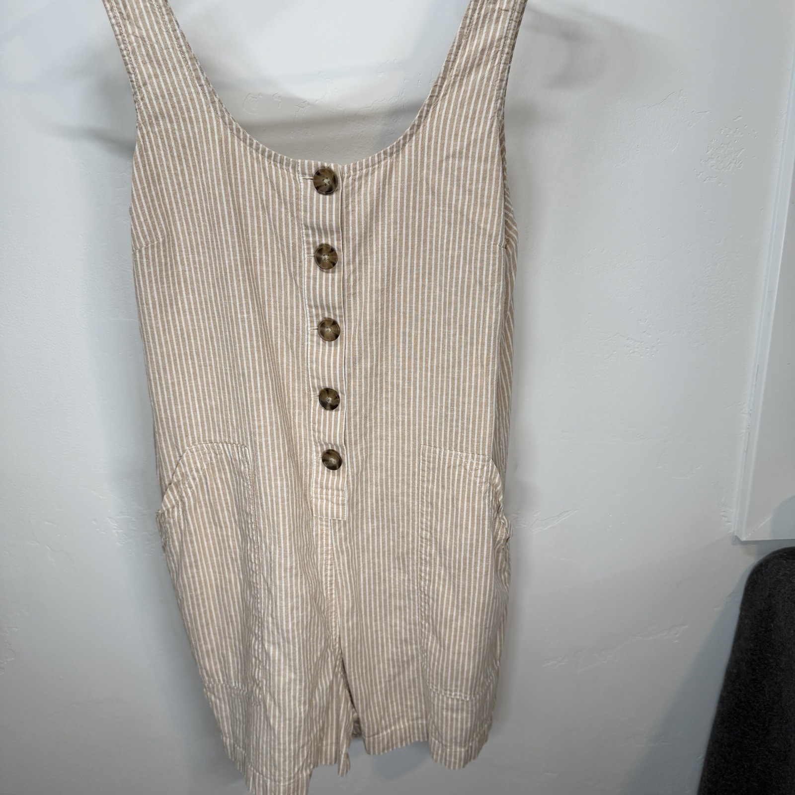Marine Layer Sydney Romper Womens M Tan White Stripe Hemp Tencel